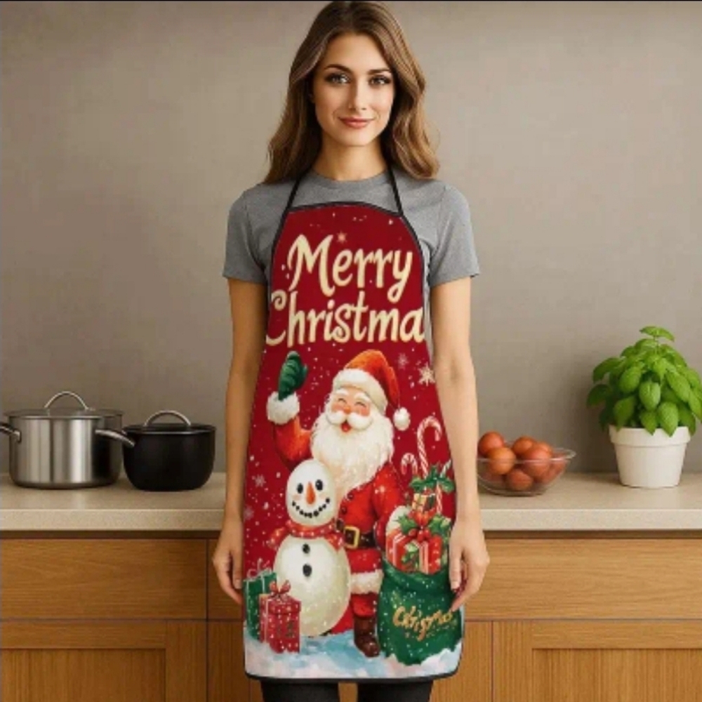 Festive Red Christmas Apron with Santa & Snowman Design. New!